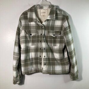 Womens Lucky Brand Plaid Sherpa Lined‎ Shacket Green White M Cotton Polyester